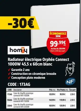 Screwfix Radiateur électrique orphée connect 1000w 45,5 x 60cm blanc offre