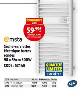 Screwfix AMSTA Sèche-serviettes électrique barres rondes offre