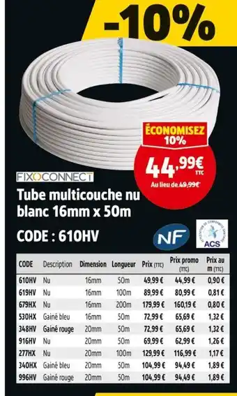 Screwfix FIXO CONNECT Tube multicouche nu blanc 16mm x 50m offre