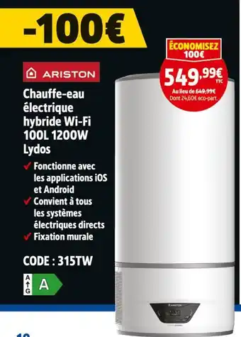 Screwfix ARISTON Chauffe-eau électrique hybride Wi-Fi 100L 1200W Lydos offre