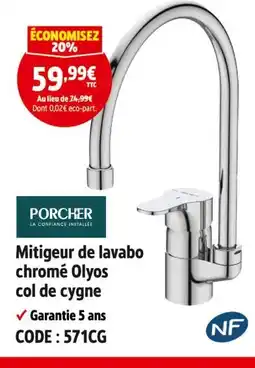 Screwfix PORCHER Mitigeur de lavabo chromé olyos col de cygne offre