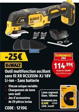 Screwfix DEWALT Outil multifonction oscillant sans fil XR DCS355N-XJ 18V Li-ion-sans batterie offre
