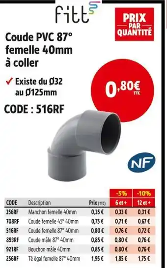 Screwfix FITT Coude pvc 87° femelle 40mm à coller offre