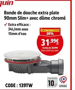 Screwfix Bonde de douche extra plate 90mm Slim+ avec dôme chromé offre