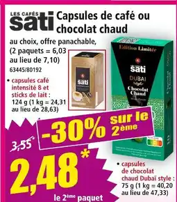Norma LES CAFÉS SATI Capsules de café chocolat chaud offre