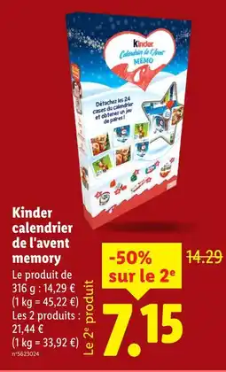Lidl KINDER Calendrier de l'avent memory offre