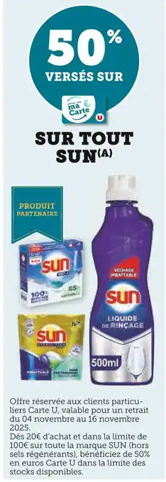 U Express SUN 50% versés sur la carte u sur tout sun offre