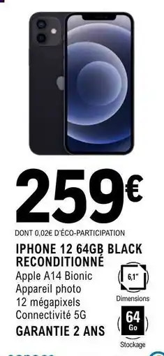 E.Leclerc IPHONE 12 64GB BLACK RECONDITIONNÉ offre