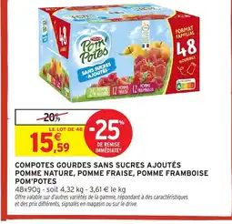 Intermarché Hyper POM'POTES Compotes gourdes sans sucres ajoutés pomme nature, pomme fraise, pomme framboise offre