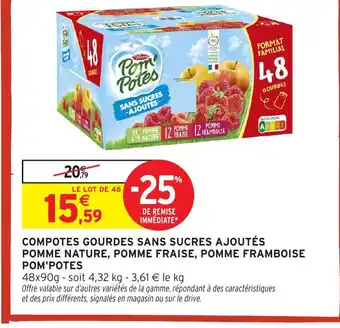 Intermarché Hyper POM'POTES Compotes gourdes sans sucres ajoutés pomme nature, pomme fraise, pomme framboise offre