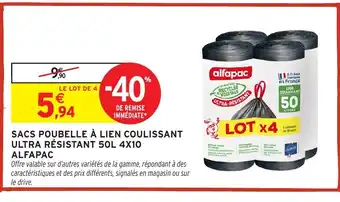 Intermarché Hyper ALFAPAC Sacs poubelle à lien coulissant ultra résistant 50l 4x10 offre