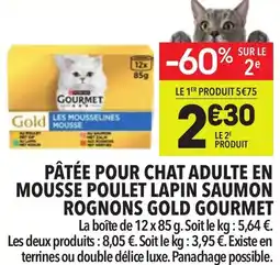 Supeco Pâtée pour chat adulte en mousse poulet lapin saumon rognons gold gourmet offre