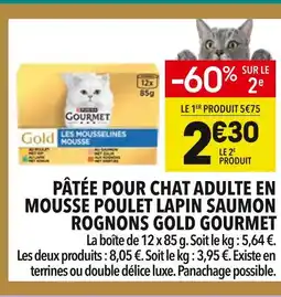 Supeco Gourmet Pâtée pour chat adulte en mousse poulet lapin saumon rognons Gold offre