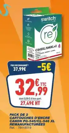 Bureau Vallée Switch - pack de 2 cartouches d'encre pg-512/cl-s46 xl rémanufactores offre