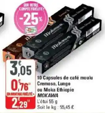 G20 10 capsules de café moulu cremoso lungo ou moka ethiopie mokawa offre