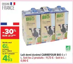 Carrefour Lait demi-écrémé CARREFOUR BIO 6 x 1 L offre