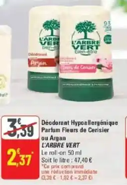 G20 Déodorant hypoallergénique parfum fleurs de cerisier ou argan l'arbre vert offre