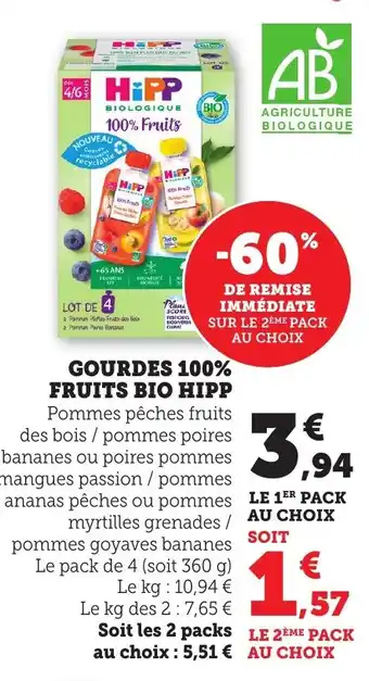 Bi1 Gourdes 100% fruits bio hipp offre