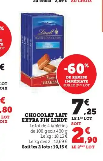 Super U LINDT Chocolat lait extra fin offre