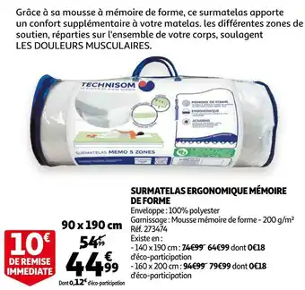 Auchan Technisom surmatelas ergonomique mémoire de forme offre