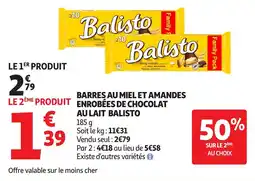 Auchan Barres au miel et amandes enrobées de chocolat au lait balisto offre