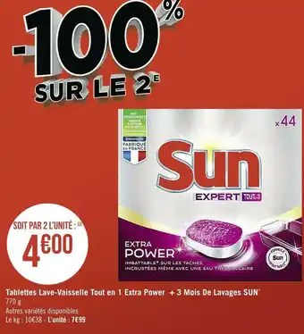 Géant Casino Sun tablettes lave-vaisselle tout en 1 extra power + 3 mois de lavages* offre