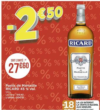 Géant Casino Ricard pastis de marseille 45 % vol. offre