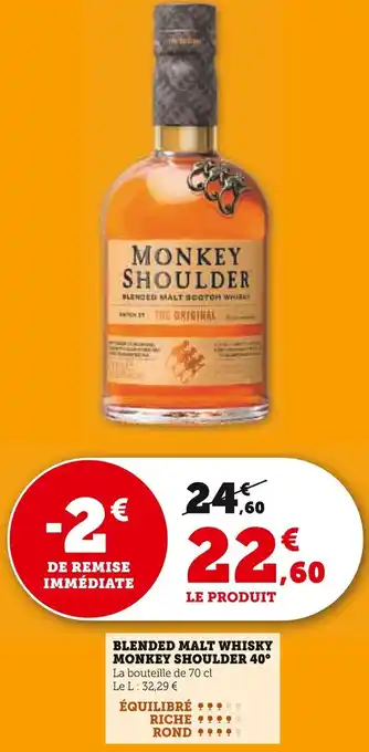 Super U Blended malt whisky monkey shoulder 40° offre