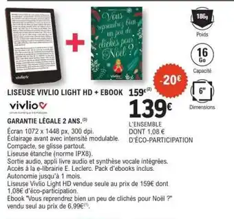 E.Leclerc LISEUSE VIVLIO LIGHT HD + EBOOK offre