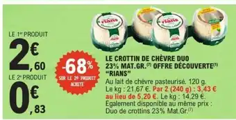 E.Leclerc LE CROTTIN DE CHÈVRE DUO 23% MAT.GR. OFFRE DÉCOUVERTE 'RIANS' offre