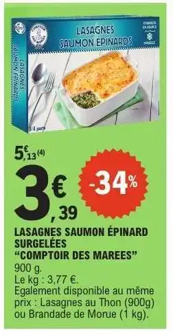 E.Leclerc LASAGNES SAUMON ÉPINARD SURGELÉES 'COMPTIOR DES MAREES' offre