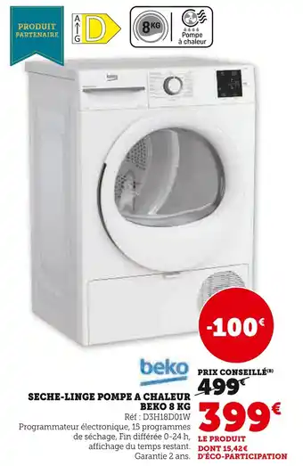 Hyper U Beko Seche-linge pompe à chaleur 8 kg offre