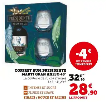 Hyper U PRESIDENTE Coffret rum marti gran anejo 40° offre