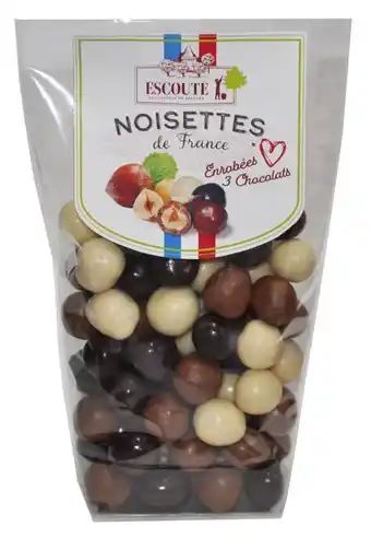 Gamm vert Noisettes enrobées de chocolat au lait, chocolat blanc et chocolat noir Escoute offre
