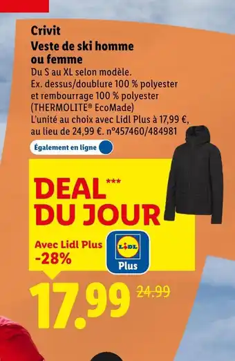 Lidl CRIVIT Veste de ski homme ou femme offre