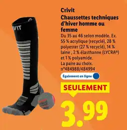 Lidl CRIVIT Chaussettes techniques d’hiver homme ou femme offre