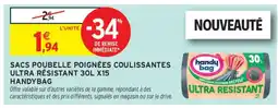 Intermarché SACS POUBELLE POIGNÉES COULISSANTES ULTRA RÉSISTANT 30L X15 HANDYBAG offre