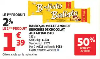 Auchan Supermarché Barres au miel et amande enrobées de chocolat au lait balisto offre