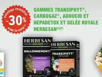 E.Leclerc Parapharmacie Gammes transiphyt carbogaz adoucid et hepadetox et gelée royale herbesan offre