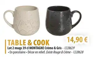 Cuisine Plaisir TABLE & COOK Lot 2 mugs 39 cl MONTAGNE Crème & Gris offre