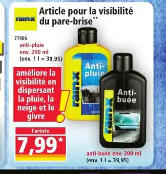 Norma RAINX Article pour la visibilité rainx du pare-brise offre
