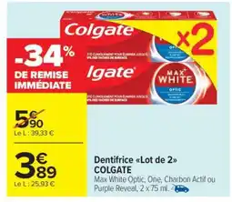 Carrefour Market Dentifrice Lot de 2 COLGATE offre