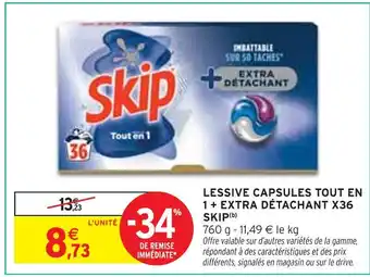 Intermarché Express SKIP Lessive Capsules Tout en 1 + Extra Détachant X36 offre