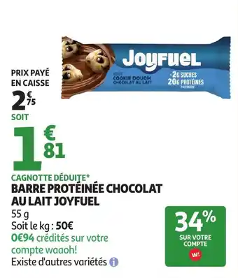 Auchan Barre protéinée chocolat au lait joyfuel offre