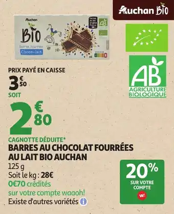 Auchan Barres au chocolat fourrées au lait bio auchan offre