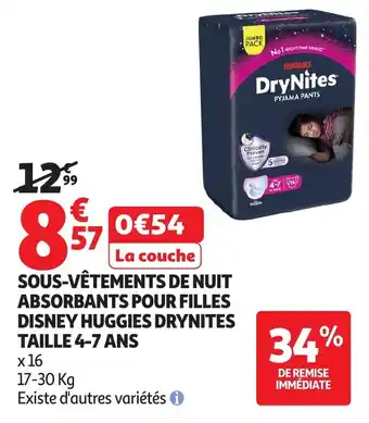 Auchan Sous-vêtements de nuit absorbants pour filles disney huggies drynites taille 4-7 ans offre