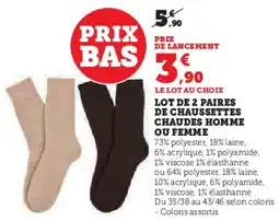 Super U Lot de 2 paires de chaussettes chaudes homme ou femme offre