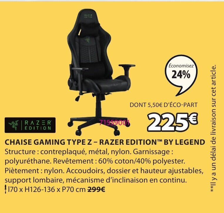 Promo Chaise Gaming Type Z Razer Edition By Legend chez JYSK