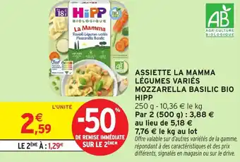 Intermarché Hyper Assiette la mamma légumes variés mozzarella basilic bio hipp offre