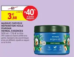 Intermarché Hyper Masque cheveux réparation huile d'argan herbal essences offre